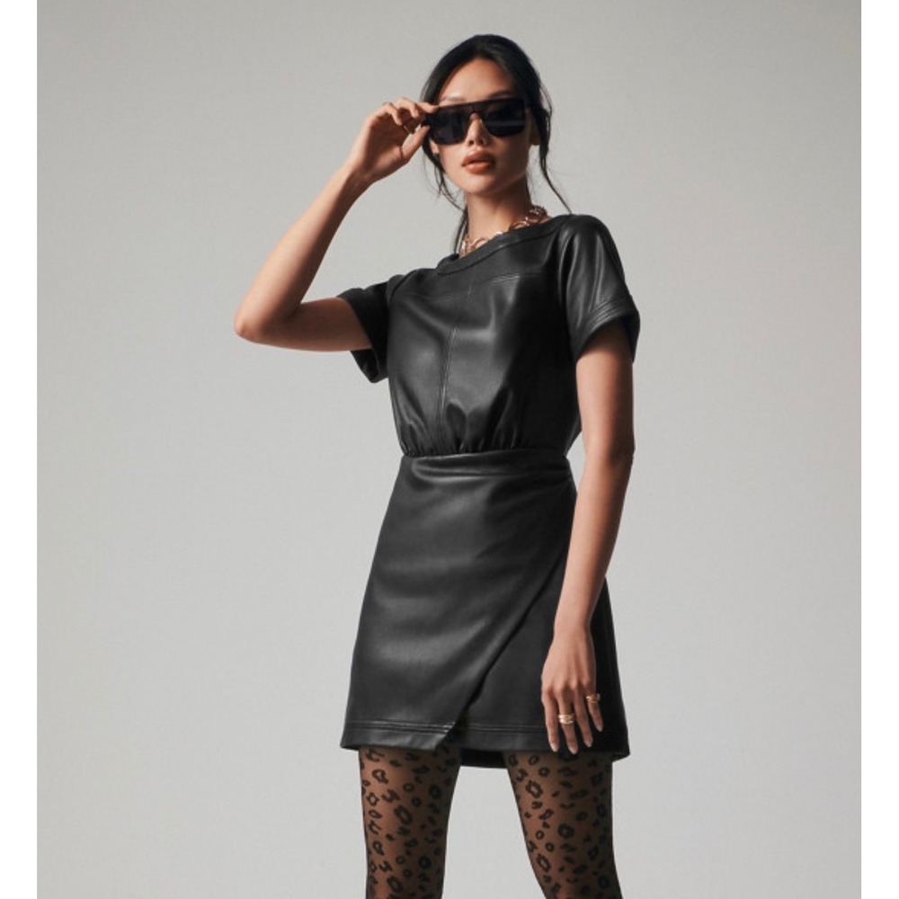 Anthropologie Black Faux Leather Short Sleeve Tulip Mini Dress Size 6